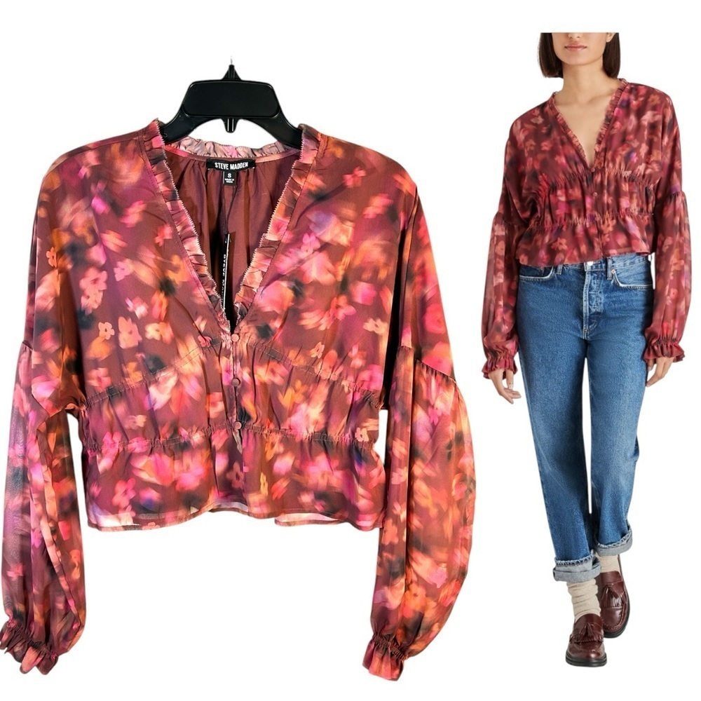 NEW Steve Madden Top M Hollis Pink Multicolor Muted Peplum Bishop Sleeves Button
